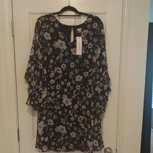 Calvin Klein Black and White Floral Long Ruffle Sleeve Sheer Dress With Lining